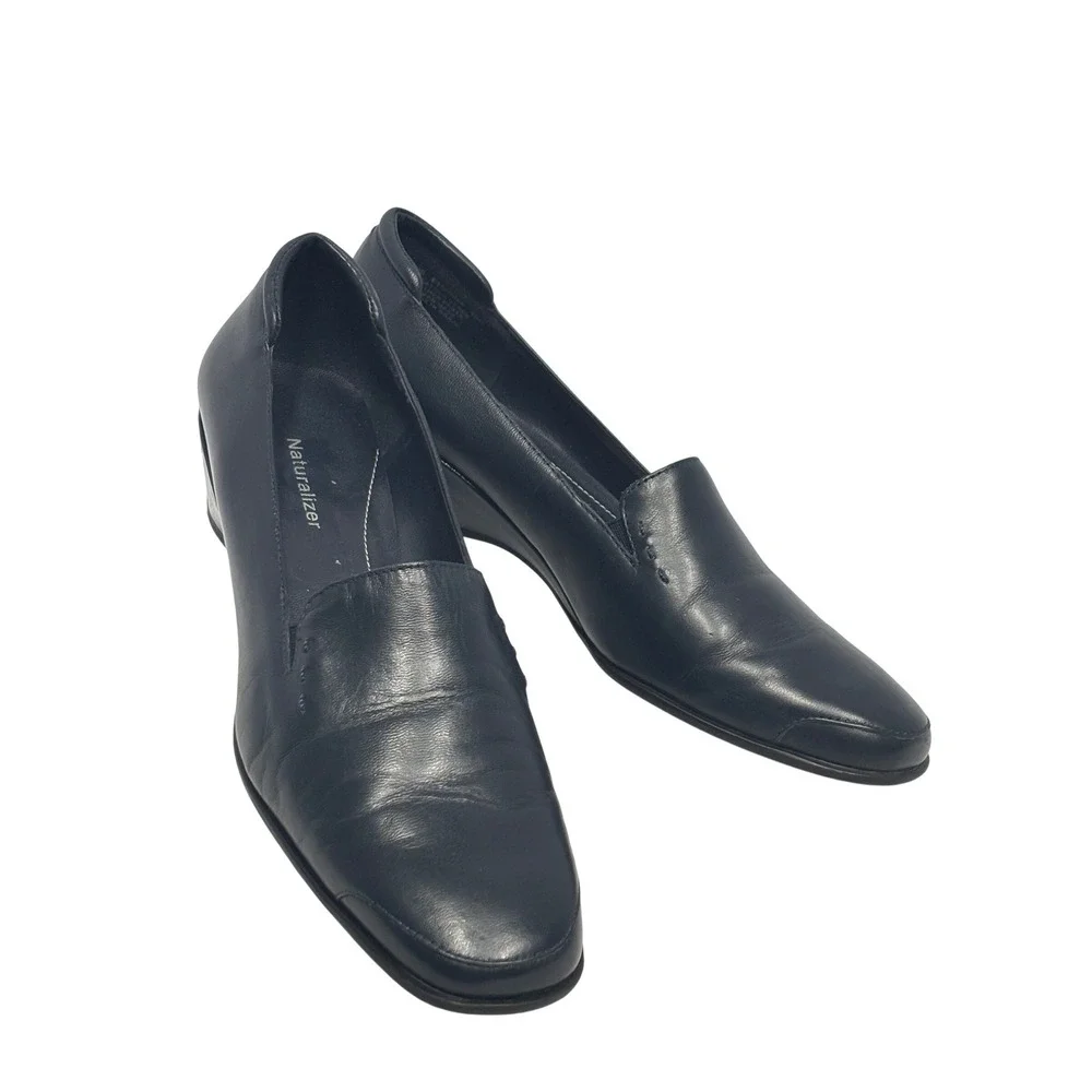 Naturalizer Wedge Loafers Womens 10M Navy Blue Leather Slip On Professional Chic